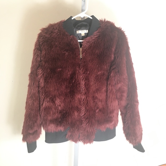 Say What? Burgundy Faux Fur Bomber Jacket Size S - Picture 2 of 5